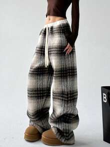 女士格子抽绳阔腿涤纶裤