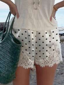 Women Y2k Satin Silk Lace Trim Shorts Polka Dot Lace Floral Patchwork Silky Slip Shorts Comfy Pajamas Bottoms Satin Pettipants French Knickers Casual Lounge Pj Silk Shorts - trắng - Xem 6
