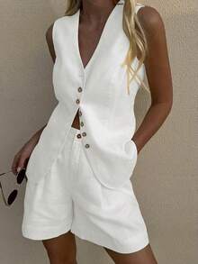 女士休闲无袖上衣短裤套装，时尚通勤背心短裤套装，春夏款