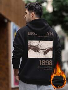 男士布鲁克林主题印花口袋连帽衫，秋冬街头风长袖上衣 - 黑色 - 查看 2