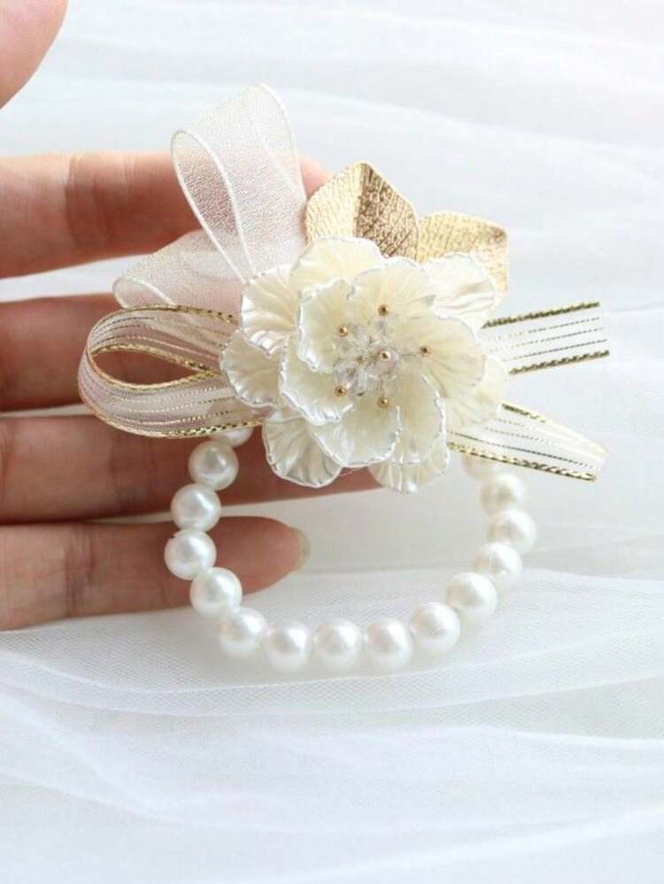 1pc Ivory Wrist Corsage, Bridesmaid Bracelet Flower, Elegant Wedding Decoration, Bridal Party Accessory - Beige - View 12
