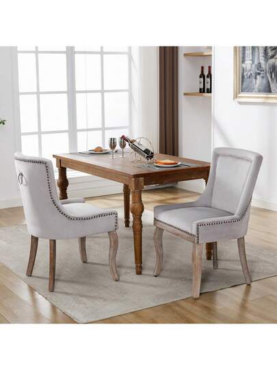 Luxurious Dining Stoel (Kitchen Chair, Living Room Pieces), Upholstered Nailhead Solid Wood Legs, Fluwelen Upholstery, Grijs view 4