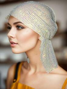 Women's Fishnet Full Rhinestone Decor Gold Headscarf Caps, Personalized Hair Accessories, Suitable For Ladies' Daily Wear, Dance, Wedding, Party, Events Valentine's Day Valentines