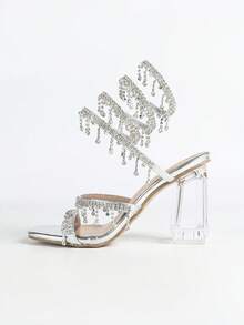 女士厚底水晶高跟凉鞋，方头水钻蛇形绑带，时尚露趾，夏秋基础款 - 銀色 - 查看 6