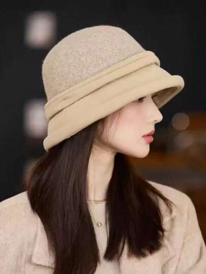 1 Peça Chapéu de Pescador Redondo de Cor Sólida para Mulheres, Decoração com Fivela, Design de Coroa Arredondada, Aba Enrolada, Tecido Simples, Elegante e à Prova de Vento, Versátil, Adequado para Ir ao Trabalho, Escritório, Férias, Café, Uso Diário, Ocasiões Artísticas, Estiloso