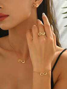 Juego de joyería de 5 piezas para mujer con anillo de metal elegante y minimalista con símbolo del infinito con rhinestones 1 pieza + pulsera 1 pieza + aretes 1 pieza + collar 1 pieza, adecuado para uso diario - Dorado - Ver 2