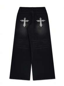 GlobeSwift 男士宽松交叉印花直筒阔腿牛仔裤，Emo 风格 - 黑色 - 查看 5