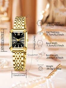 6件套女士金色钢条休闲优雅条形刻度小方表盘石英表手链项链耳环戒指首饰套装，适合日常佩戴装饰或作为节日礼物 - 金色 - 查看 4