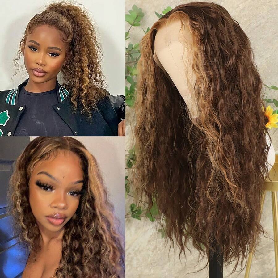13X4 Free Part Black Green Highlights Body Wave Lace Front Wigs Pre Plucked Soft Long Wavy Hair Wigs Heat Resistant Wave Wigs Glueless Christmas Wig Long Wavy Synthetic Lace Front Wigs For Women Perfect For Daily Wear & Parties - 挑染棕色 - 查看 1