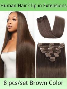 Clip In Hair Extensions Real Human Hair Seamless Human Hair Clip Ins Extensions For Women Invisible Straight 8Pcs Double Weft Chocolate Brown #4 - 巧克力棕 - 查看 1