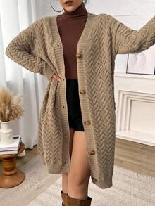 大码女式休闲纯色针织开衫，冬季 - 卡其色 - 查看 5