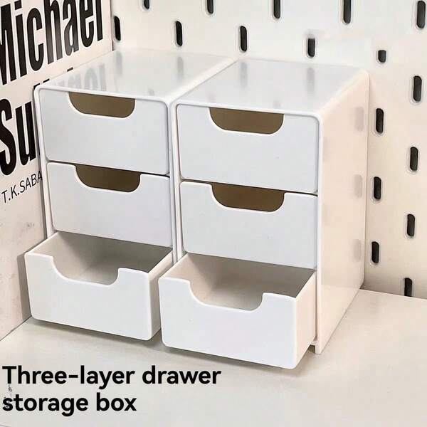1pc White Plastic Desktop Storage Box, Classic Stackable Storage Drawers, Suitable For Office Supplies, Jewelry, Cosmetics - Space-Saving Desktop Accessory, Suitable For Dorm Use, Desk And Drawer Organizer For Home Storage