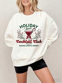 Oversized Sweatshirt White Holiday Spirit Cocktail Club Print Christmas Party Wear For WomenHalloween, Christmas, Thanksgiving, Holiday Gifts, Ladies' Round Neck Hoodie - 白色 - 查看 1