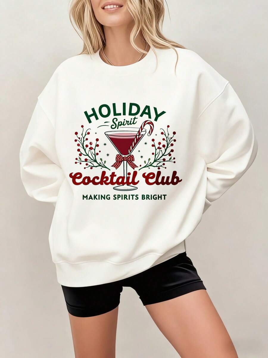 Oversized Sweatshirt White Holiday Spirit Cocktail Club Print Christmas Party Wear For WomenHalloween, Christmas, Thanksgiving, Holiday Gifts, Ladies' Round Neck Hoodie - 白色 - 查看 1