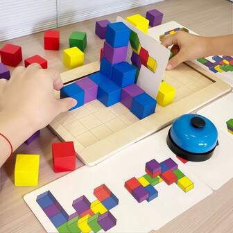 1 Set Colorful Boxed 2-Player Building Blocks, Fine Motor Skills & Focus Training Cube Puzzle, Logic Thinking Tabletop Interactive Toy, Includes 1 Base Board, 1 Bell, 1 Storage Bag, 40 Blocks, 36 Double-Sided Cards, Suitable For Christmas, Halloween, Easter, Back To School, Ideal Birthday Gift For Boys & Girls, Wooden Toy