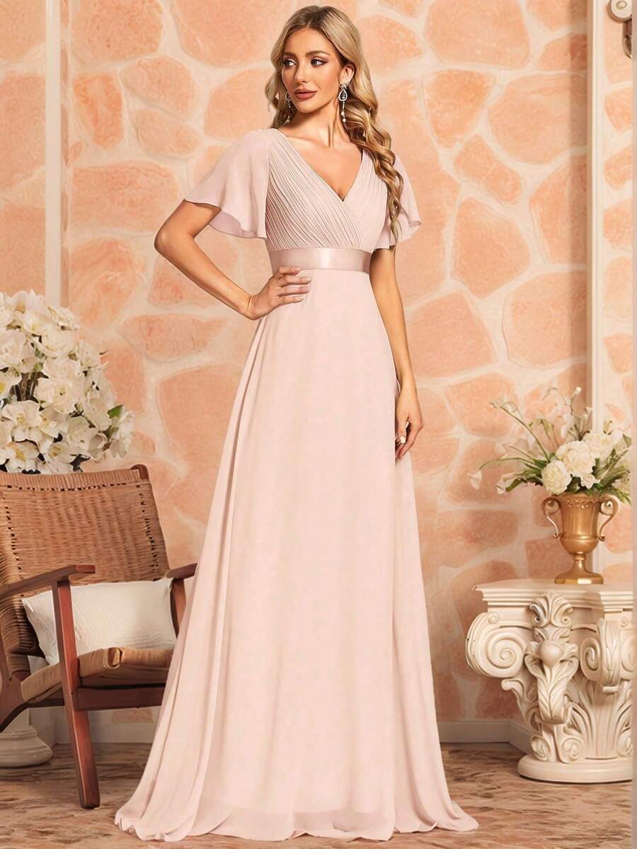EVERPRETTY Elegant V-Neck Ruffle Butterfly Sleeve Champagne Bridesmaid Dress, Wedding Guest Dress, Spring/Summer Formal Dress For Wedding, Birthday Party, Graduation