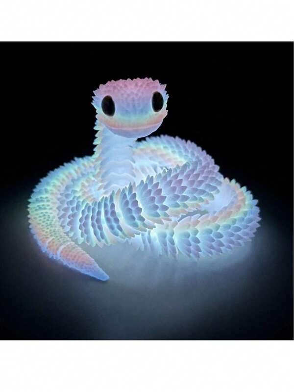 30厘米夜光3D打印蛇形装饰品，新年礼物，全关节可动蝰蛇模型，逼真动物雕像，可选颜色：30厘米彩虹色、夜光绿色、纯黑色和纯白色，3D打印，蛇形，成人玩具（眼睛颜色随机）