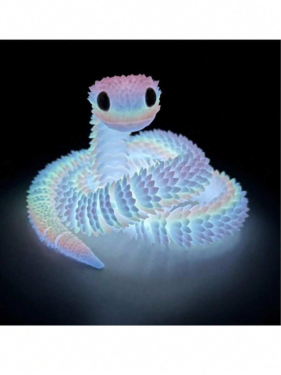 30厘米夜光3D打印蛇形装饰品，新年礼物，全关节可动蝰蛇模型，逼真动物雕像，可选颜色：30厘米彩虹色、夜光绿色、纯黑色和纯白色，3D打印，蛇形，成人玩具（眼睛颜色随机）