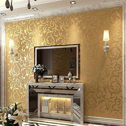 1卷3D欧式茛苕叶壁纸，适用于卧室、客厅、电视背景墙，无纺植绒壁纸 - 可移除、可剥离、易裁剪 - 适用于客厅、卧室、家居装饰墙纸、墙贴、墙面装饰、房间装饰、卧室装饰