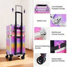 Professional Rolling Salon Makeup Train Case With Drawers, Large Cosmetic Trolley With Locks, Cosmetics Storage Organizer Make Up Case For Salon, Travel Makeup/Nail Art/Hair Styling, Gradual Purple - Gradient Purple - View 8