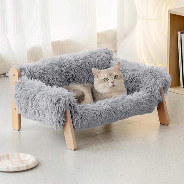 LIVINGANDHOME Living And Home Wooden Frame Pet Sofa With Removable Cover,Wood Cat Bed Sofa,Winter Warm Sturdy Fluffy Cat Couch Bed,Dog Bed,Dog Sofa,Cat Sofa,Pet Supplies