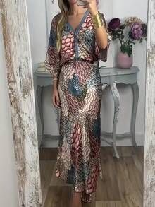 Women's Retro Floral All-Over Print Single-Breasted Top And Fish Tail Midi Skirt, Casual Bohemian Elegant Suit - Multicolor - View 3