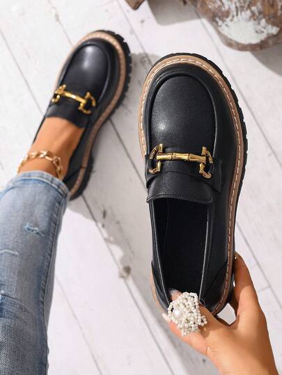 Women's Thick Sole Slip-On Loafers, Fashion Metal Chain Decor, Platform Loafers