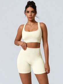 NcmRyu Two Piece Back Tank Top Sports Bra Stretchy Gym ShortsSleeveless Tummy Control Workout Gym High WaistedFitness Running Sportswear Butt Lifting - 白色 - 查看 3
