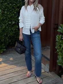 新款时尚优雅纯色前开襟休闲衬衫，适合度假、日常、旅行、节日、下午茶等场合，白色春季款 - 白色 - 查看 4