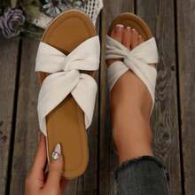 Summer Travel Wedges Heels Women's Sandals Bow-Knot Flats Wear-Resistant Beach Slippers Shoes Platform Sandals Outdoor Beach Walking - 米色 - 查看 2