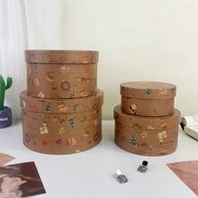 4pcs/Set Vintage Brown Round Christmas Element Storage Boxes, Christmas Tree & Gift Print, Multi-Layer Stackable, Gift Packaging Boxes - Brown - View 4