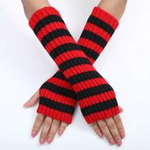 Long Color-Block Striped Wool Gloves Autumn And Winter New Mid-Length Fingerless Women's Warm And Fashionable Knitted Arm Sleeves In Various Colors - 紫色 - 查看 11