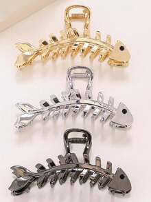 3个极简金属鱼骨发夹，高端发爪，适用于马尾辫、后脑勺半丸子头，适合日常、派对、节日、假日、生日、情人节、感恩节、复活节、母亲节等场合，创意礼物 - 彩色 - 查看 3