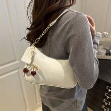 New Fashion Classic Wild Letter Pattern Decoration Design Solid Color Pu Waterproof Fabric Shoulder Bag Crescent Bag Underarm Bag, Ladies Purse, Ladies Bag, Suitable For Shopping, Commuting To Work, White-Collar, Travel, Etc., Can Be Slung. - 白色 - 查看 1