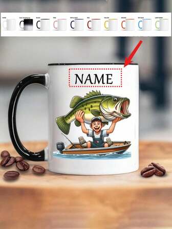 Personalized Fishing Mug - Custom Name/Text, Funny Fishing Cup With Jumping Fish Design - Insulated Ceramic Coffee Cup With Black Handle - Ideal Gift For Anglers, Fishermen, Coffee & Tea Lovers - Birthday, Father's Day, Christmas Present - 7 Colors Avaie - Dishwasher Safe - No Assembly Needed - Funny Fishing Trip Souvenir