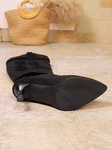 Women's Pointed Toe Suede Thigh High Boots, Slim Fit Autumn/Winter New Fashion Pointed Toe Buckle Pleated Tall Boots, Stiletto Heel Increase Height Boots - Black - View 6