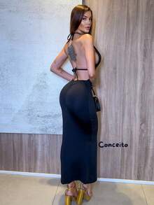 Elegant Long Dress With Adjustable Front Neckline And Suplex Back Tie - Black - View 3