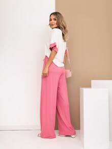 Women's Set, Wide Leg Pants, Two-Tone Sleeve Blouse, Loose, Elegant - Rosa - Ver 4