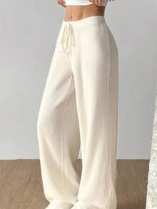 Women's Wide Leg Pants, Textured Fabric, High Waist, Simple With Pocket And Drawstring For Home And Daily Life - 奶油色 - 查看 4