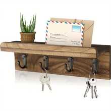 1 pieza Soporte de llaves de madera rústica con 4 ganchos de metal, estante de pared para llaves y organizador de correo para entrada, dormitorio, cocina, sala de estar, decoración del hogar, almacenamiento, exhibición decorativa funcional, diseño moderno y contemporáneo, solución de organización ahorradora de espacio, regalo perfecto para familia y amigos - Multicolor - Ver 3