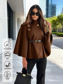 A Fashionable And Elegant Solid-Colored Short Coat (With A Three-Quarter Or Four-Quarter Sleeve, Women's Winter Style, With A Shawl-Like Appearance, Featuring A Lacing Design, Suitable For Work, Dates, Shopping, And Going Out. Applicable To Various Occasions. - Brown - View 6