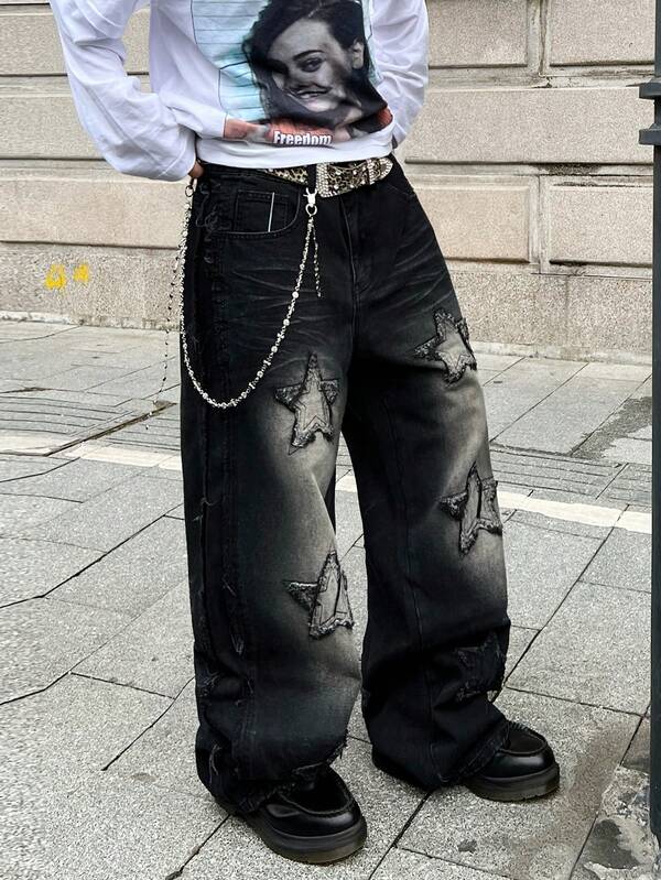 Infinite Jeans 1pc Streetwear Men's Patchwork Embroidery Wide Leg Pants Loose Comfortable Versatile All Season High Street Denim Long Pants (Product Does Not Include Belt And Accessories)