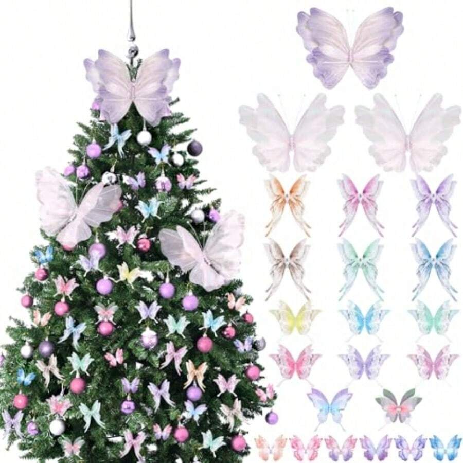 D49 Pcs Christmas Tree Butterfly Decoration 3 Jumbo Butterfly Tree Topper Ornaments Pink Girly Fairy Xmas Ornaments Home Decoration For Holiday Party Indoor Outdoor Decor - như hình ảnh - Xem 1
