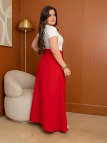 Saia Feminina Longa Alfaiataria ,Bolso Lateral E Ziper frontal Acompanha Cinto Moda Evangelica - Vermelho - Visão 3