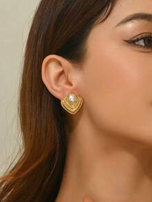 VceTd 1 Pair Elegant Oval Faux Pearl Asymmetrical Geometric Arc Textured Earrings, Low Allergy Jewelry With High-End Vibe, Suitable For Parties And Daily Wear - Yellow Gold - View 8