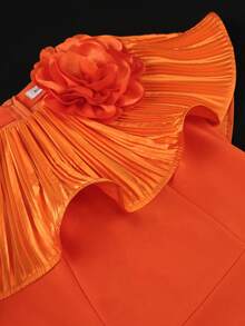 Plus Size Fitted Knee-Length Dress In Burnt Orange, Featuring Draped 3D Rose Floral Details, Sleeveless Round Neck, Medium Stretch Knit Fabric, New Year Edition