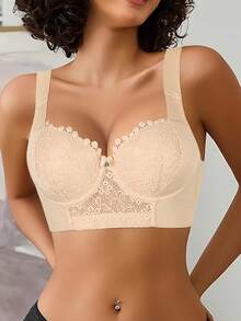 Hersunei Bộ đồ lót ren màu be gợi cảm Peach Girl, áo ngực nâng ngực cho nữ, áo ngực thoải mái giúp ngăn ngừa chảy xệ. - Màu be - Xem 8