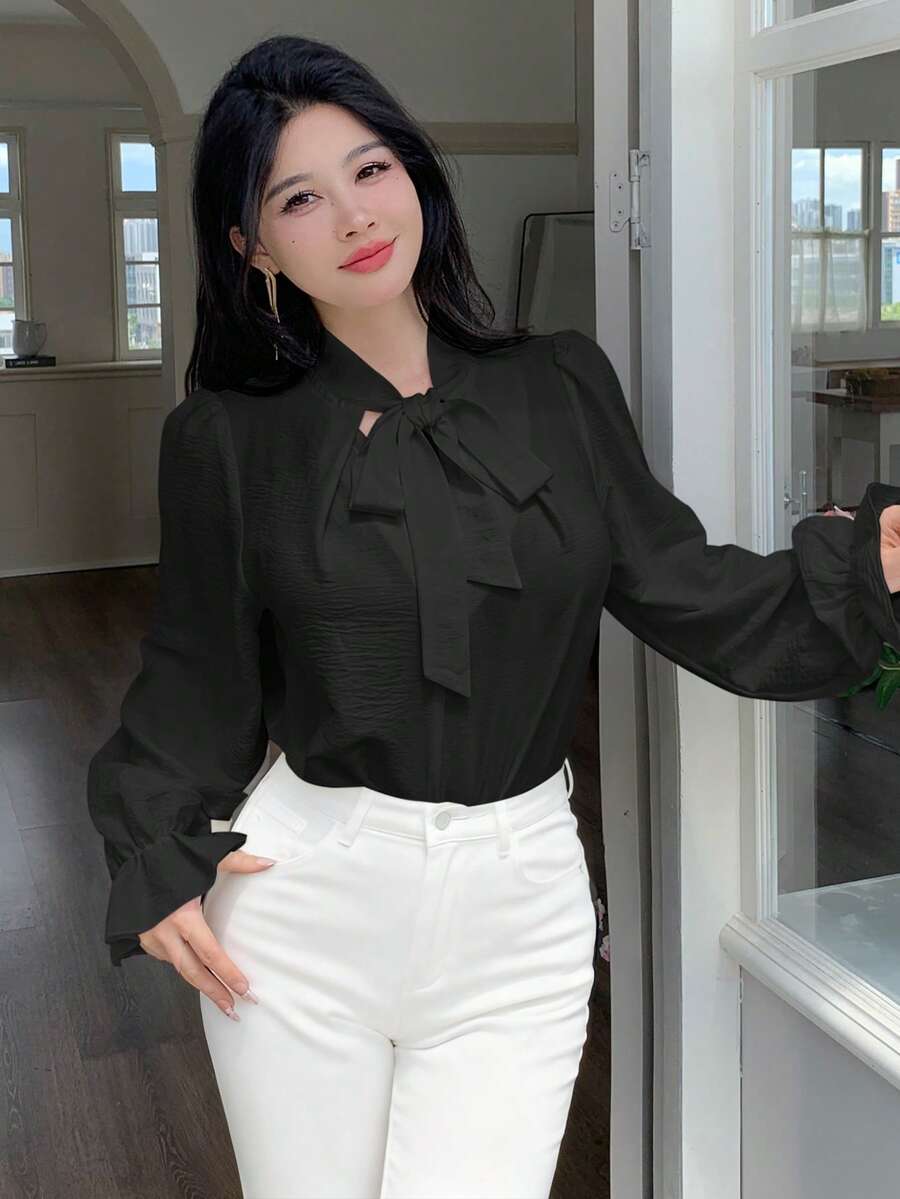 abyoxi 女士黑色V领蝴蝶结领长袖休闲办公衬衫,秋冬款 - 黑色 - 查看 1