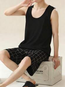 AICJ 男士纯色休闲宽松基础款圆领背心上衣和格子短裤睡衣套装（2件套），适合春夏居家休闲或外穿。 - 黑色 - 查看 1