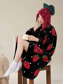 1件草莓图案连帽休闲睡袍，长袖保暖加厚纽扣家居浴袍，带口袋，女士睡衣套装，秋冬季，蓬松舒适 - 彩色 - 查看 3